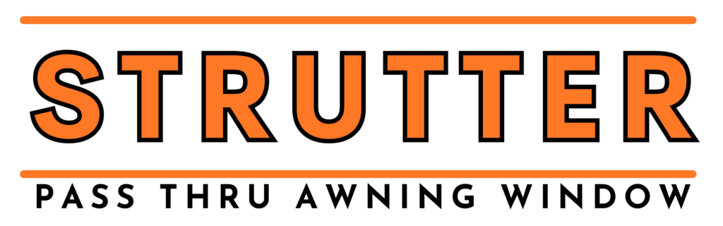 Strutter orange text logo with black outline and black subtext